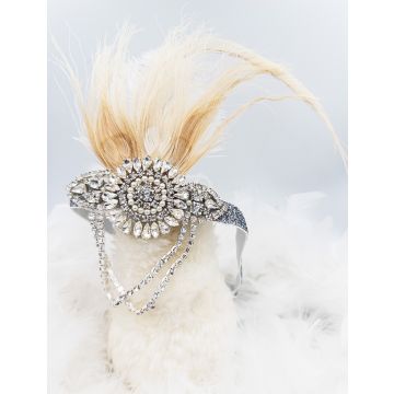 Adult 1920s Flapper Headband with Feather and Rhinestone Medallion
