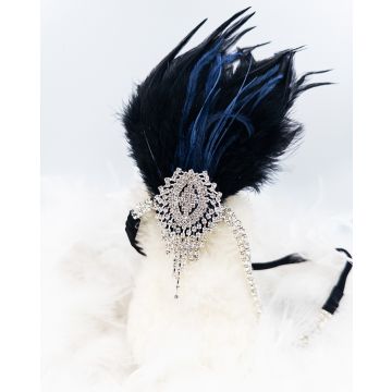 Adult 1920s Gatsby Feather Headband - Black Navy Crystal Flapper Fascinator