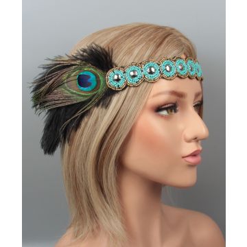 Adult 1920s Flapper Headband - Turquoise Beaded Gatsby Headpiece with Peacock Feather