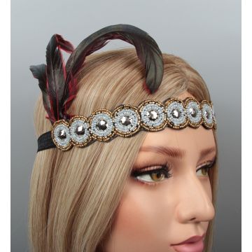 Adult 1920s Flapper Headband with Feather - Gold Art Deco Gatsby Accessory