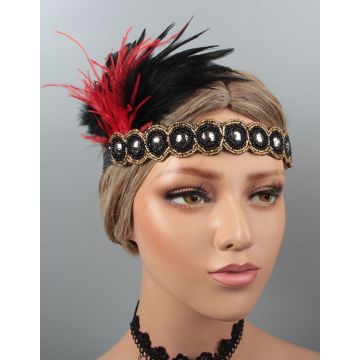 Adult 1920s Flapper Headband - Black Gold Beaded Gatsby Headpiece with Feathers