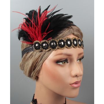 Adult 1920s Flapper Headband - Black Gold Beaded Gatsby Headpiece with Feathers - alternate view 2