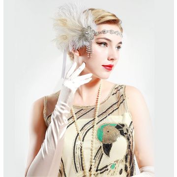 Adult 1920s Flapper Headband - Silver Rhinestone Gatsby Feather Headpiece