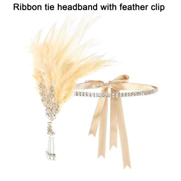 Adult 1920s Flapper Headband Champagne Gold Feather Crystal Pearl - alternate view 8