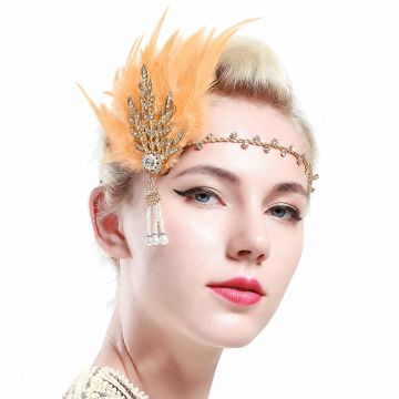 Adult 1920s Flapper Headpiece - Gold Art Deco Feather & Pearl Headband