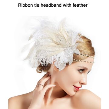 Womens 1920s Gatsby Feather Headpiece - Ivory Flapper Headband with Crystal Beading