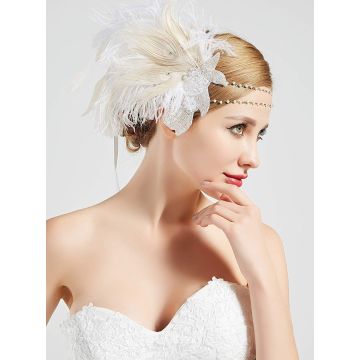 Womens 1920s Gatsby Feather Headpiece - Ivory Flapper Headband with Crystal Beading - alternate view 2