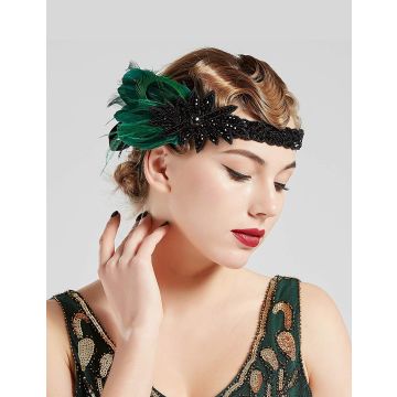 Adult 1920s Feather Headband - Black & Emerald Green Flapper Headpiece - alternate view 3