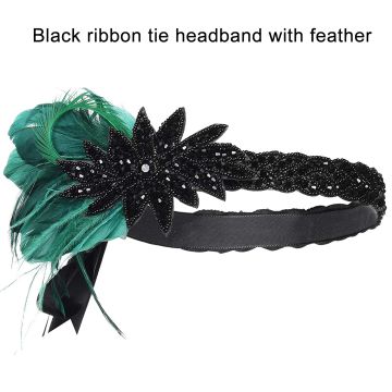 Adult 1920s Feather Headband - Black & Emerald Green Flapper Headpiece