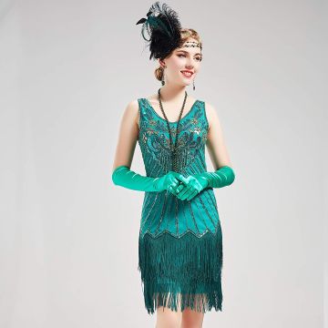 Adult 1920s Flapper Headband - Black & Teal Feather with Beaded Chain