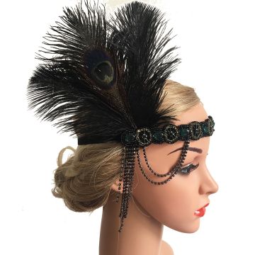 Adult 1920s Flapper Headband - Black Peacock Feather with Emerald Beading