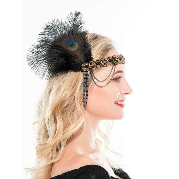 Adult 1920s Flapper Headband - Black Feather & Gold Beaded Great Gatsby Headpiece - alternate view