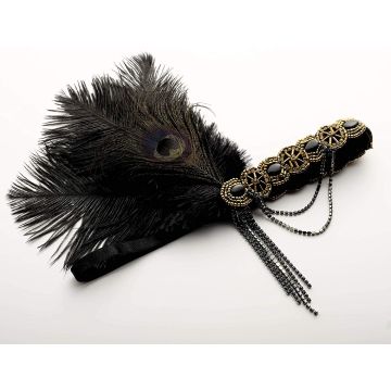 Adult 1920s Flapper Headband - Black Feather & Gold Beaded Great Gatsby Headpiece