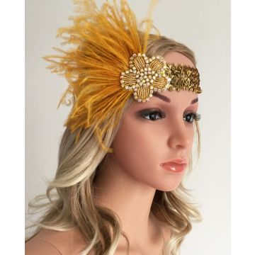 Adult Gold Flapper Headband with Feather Plume - 1920s Gatsby Accessory - alternate view