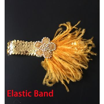Adult Gold Flapper Headband with Feather Plume - 1920s Gatsby Accessory