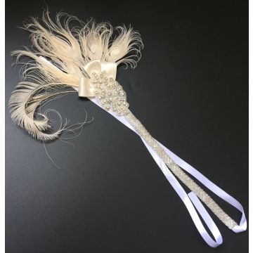 Adult 1920s Feather Headband - Cream Gatsby Flapper Hair Accessory with Rhinestone