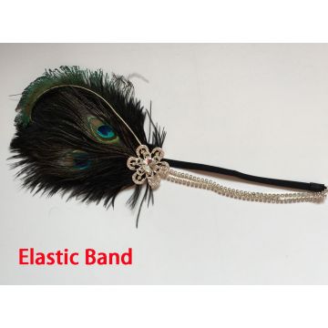 Adult 1920s Flapper Headband with Peacock Feathers and Crystal Brooch