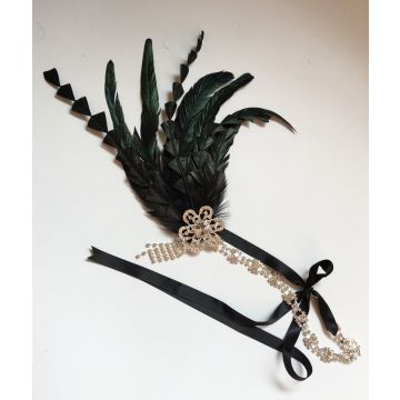 Adult Womens Flapper Headpiece - 1920s Black Feather Headband with Rhinestone Brooch