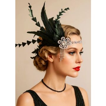 1920s Black Feather Headband with Rhinestones – Flapper Costume Accessory