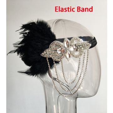 Adult 1920s Flapper Headband - Black Feather Crystal Rhinestone Gatsby Headpiece