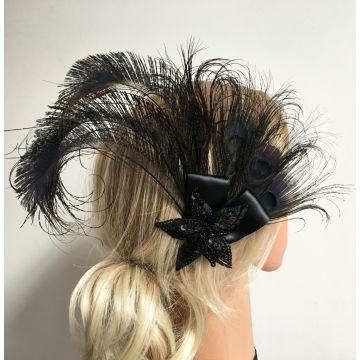 1920s Flapper Feather Headpiece – Black Peacock Art Deco Fascinator