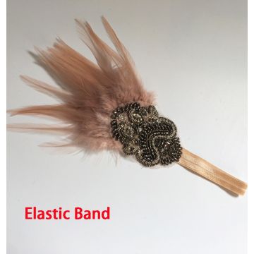 Adult 1920s Flapper Headband with Feather and Beaded Art Deco Appliqué