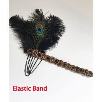 Adult 1920s Flapper Headpiece with Peacock Feather and Gold Beading