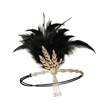 Womens 1920s Flapper Headband - Black Feather Gold Rhinestone Art Deco Headpiece - alternate view 2