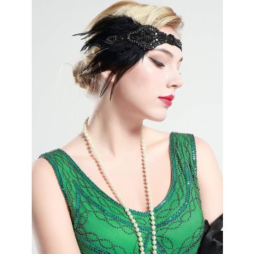 Adult 1920s Flapper Headband - Black Feather & Beaded Gatsby Headpiece