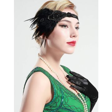 Adult 1920s Flapper Headband - Black Feather & Beaded Gatsby Headpiece - alternate view