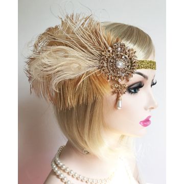 Adult 1920s Flapper Headband with Peacock Feathers and Pearl Drop - alternate view 2
