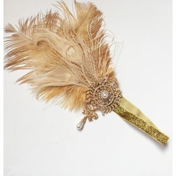 Adult 1920s Flapper Headband with Peacock Feathers and Pearl Drop