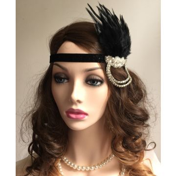 Adult 1920s Flapper Headband - Black Feather & Rhinestone Gatsby Headpiece