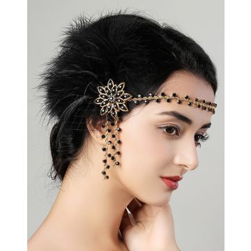 Adult 1920s Flapper Headband with Black Feather and Gold Beaded Fringe - alternate view