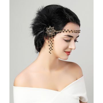 Adult 1920s Flapper Headband with Black Feather and Gold Beaded Fringe