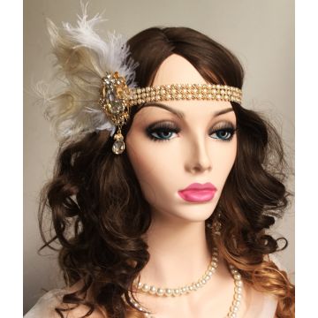 Adult 1920s Gold Feather Headband - Flapper Gatsby Crystal Headpiece