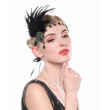 Adult 1920s Flapper Headband with Black Feather - Emerald Green Rhinestone Gatsby Headpiece - alternate view 2
