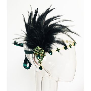 Adult 1920s Flapper Headband with Black Feather - Emerald Green Rhinestone Gatsby Headpiece