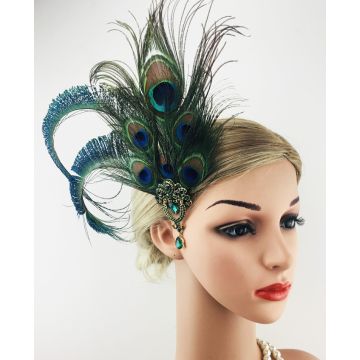 Peacock Feather in Hair Clip - 1920s Art Deco Fascinator with Jeweled Brooch - alternate view