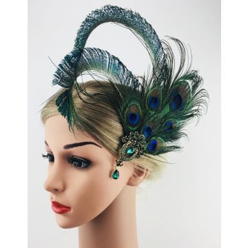 Peacock Feather in Hair Clip - 1920s Art Deco Fascinator with Jeweled Brooch