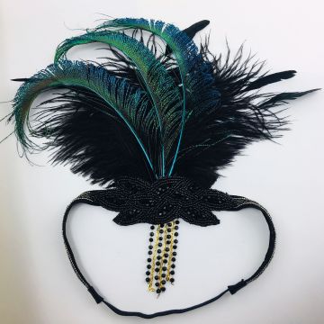 Womens 1920s Peacock Feather Headband - Art Deco Flapper Gatsby Headpiece with Beaded Tassels