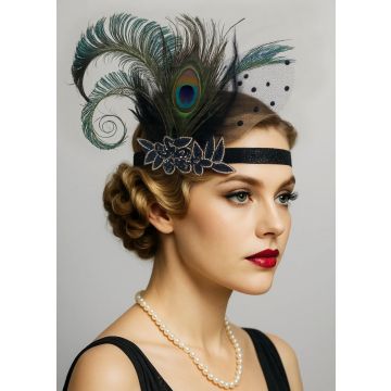 1920s Gatsby Flapper Headband with Peacock Feather & Veil – Adult Costume Accessory