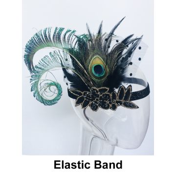 Adult 1920s Peacock Feather Headband with Black Veil – Flapper Gatsby Headpiece