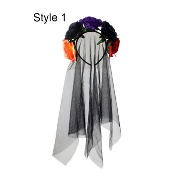Black Veil Funeral Headband - Day of the Dead Rose Crown with Flowing Mesh Veil