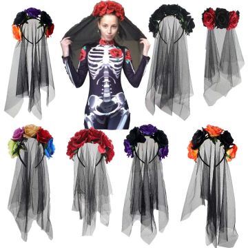 Black veil funeral headband with multicolored roses and flowing mesh layers