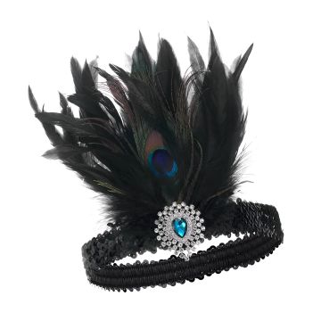 Womens 1920s Flapper Headband - Black Feather Gatsby Headpiece with Turquoise Stone