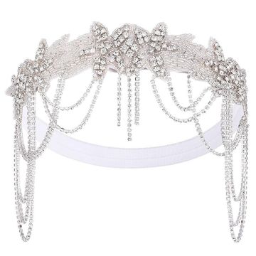 Adult 1920s Flapper Headband - Gatsby Beaded Crown with Crystal Chains