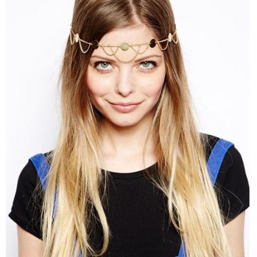 Adult 1920s Flapper Headpiece - Gold Art Deco Forehead Chain with Medallions - alternate view