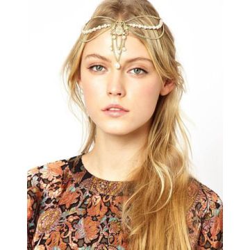 Adult Bohemian Gold Head Chain with Pearl Drops - 1920s Flapper Headpiece - alternate view