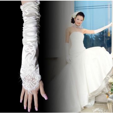Adult Long White Satin Gloves with Lace Trim - Fingerless Bridal Opera Length - alternate view